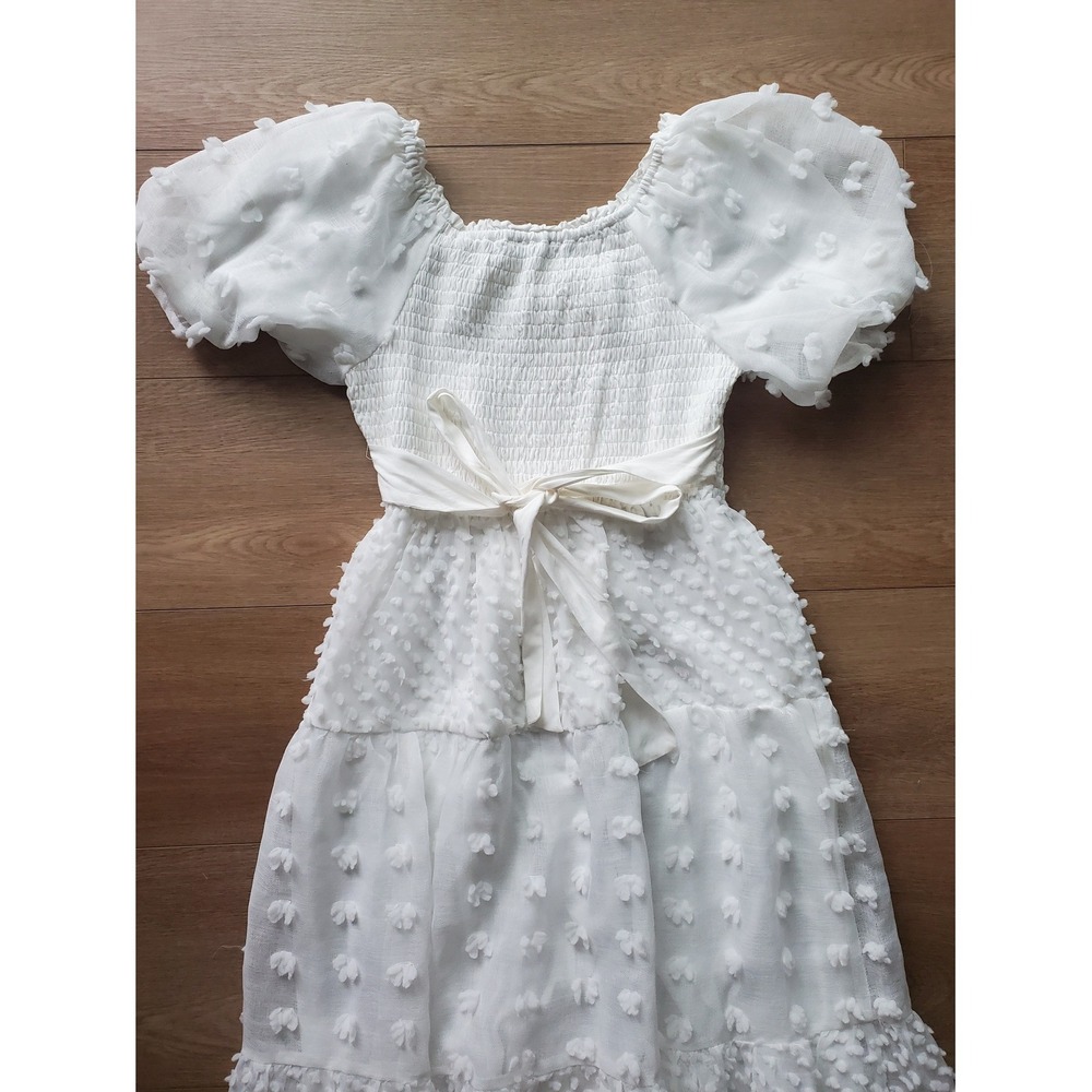 Polagram White Dot Smocked w/ Puff Sleeve Midi Dress Womens Medium NWT - Picture 14 of 16